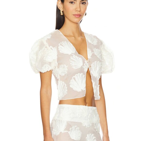 NEW House of Sunny Scattered Shell Blouse Marble White Cream Sheer Crop Top Tee - Picture 2 of 4